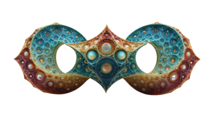 Ornate infinity symbol mask with fractal pattern and jewels, spiritual surreal art, transparent background