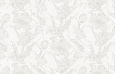 A vintage-style floral pattern on a beige textured background, featuring sketched outlines of flowers and leaves in a monochromatic sepia tone.