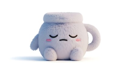 Adorable 3D fluffy white character shaped like a sleepy mug with a cute face