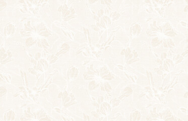 A vintage-style floral pattern on a beige textured background, featuring sketched outlines of flowers and leaves in a monochromatic sepia tone.