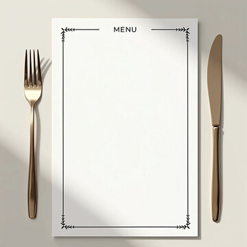 Elegant Restaurant Menu Mockup with Gold Cutlery. Blank Food and Drink List with Fork and Knife. Restaurant menu design