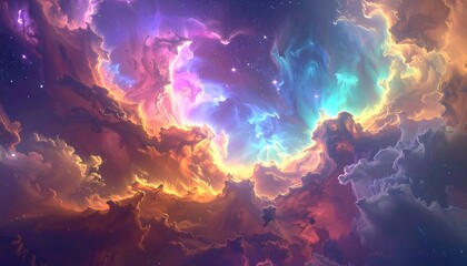 Obraz premium Colorful nebula cloudscape, vibrant with purples, blues, golds, and hints of pink. Cosmic glow and distant stars