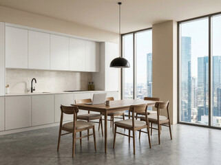 Contemporary kitchen and dining area with wooden table, chairs, and laptop, minimal design style, cityscape seen through windows, interior design concept. 3D Rendering 