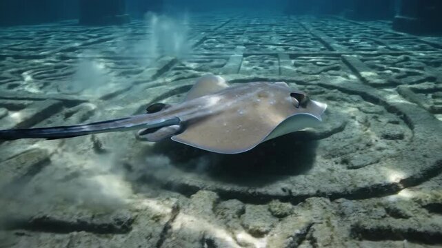 Brown stingray glides over sandy seabed with intricate patterns in clear blue water
