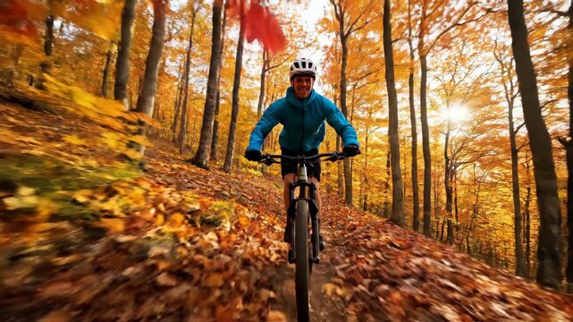 Mountain biker rides through autumn forest with vibrant fall colors and sunlight.