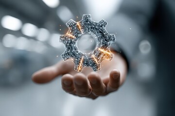 Man holds digital global network globe representing Industry 4.0, automation, robotics, data analytics, AI, connectivity, and digital transformation