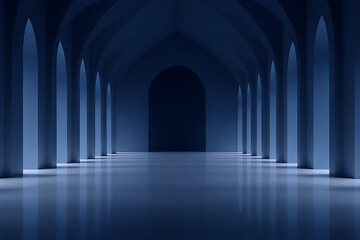Obraz premium mosque interior during night, quiet, serene mosque interior at night, with visible prayer rows and peaceful silence, illuminated by soft blue lighting