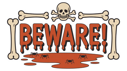 Spooky warning sign with skull bones and spiders on blood splatter