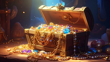 Opulent Treasure Chest Overflowing with Gold Jewelry and Gemstones