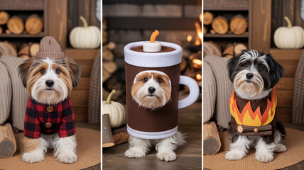Adorable dogs in cozy fall outfits with warm coffee mug