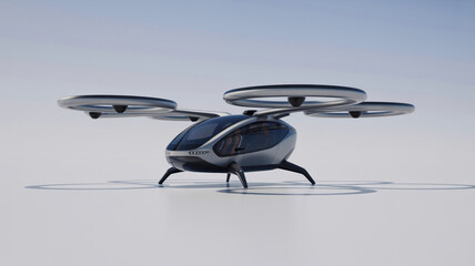 Futuristic electric vertical takeoff aircraft in sleek design for urban air mobility