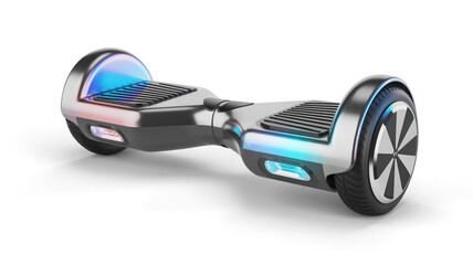 Modern silver hoverboard with colorful lights on white background