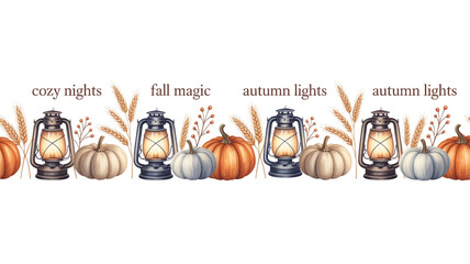 Cozy autumn scene with lanterns, pumpkins, and wheat on white background