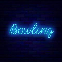 Bowling academy and club neon label. Glowing lettering. Strike winning. Sport tournament sign on brick wall. Editable stroke. Vector stock illustration