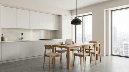 Contemporary kitchen and dining area with wooden table, chairs, and laptop, minimal design style, cityscape seen through windows, interior design concept. 3D Rendering 