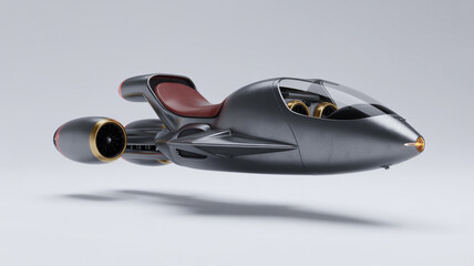 Futuristic hoverbike with sleek design and red leather seat in motion