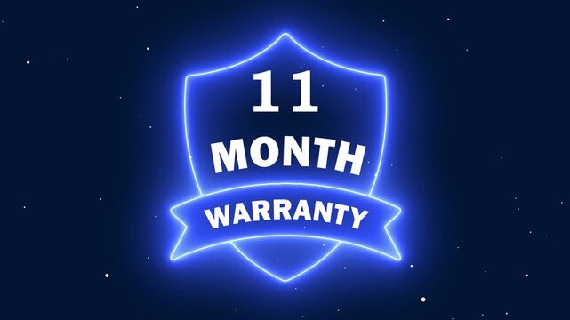 blue neon 11 month warranty shield badge. glowing eleven month guarantee sign. futuristic digital warranty label animation. 11 month quality assurance neon icon.