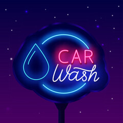 Car wash neon street billboard with drop. Typography with circle frame. Auto clean service. Light outdoor emblem. Laser banner. Editable stroke. Vector stock illustration
