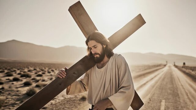The martyr Christ carries a heavy cross along the deserted road to Golgotha.