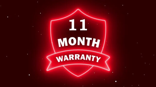 futuristic digital warranty label animation. 11 month quality assurance neon icon. glowing eleven month guarantee sign. red neon 11 month warranty shield badge.