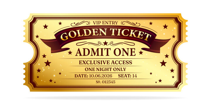 Vintage theatre tickets vector template. Vector golden tickets isolated on whithe backgound.