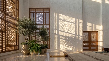 Peaceful Islamic Prayer Room with Sunlight, Olive Trees, and Geometric Wood Screens