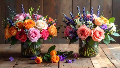 Vibrant Rose and Lavender Bouquets in Glass Vases on Rustic Wooden Table