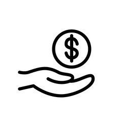 Dollar coin in hand outline icon. Save and keeping. USA money. Economy chart. Finance banking. Editable stroke. Vector stock illustration