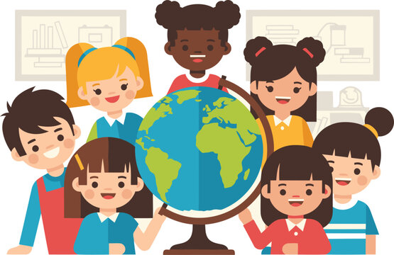 Diverse children hold a globe, symbolizing unity and global citizenship. A cheerful, inclusive illustration perfect for educational and social campaigns.