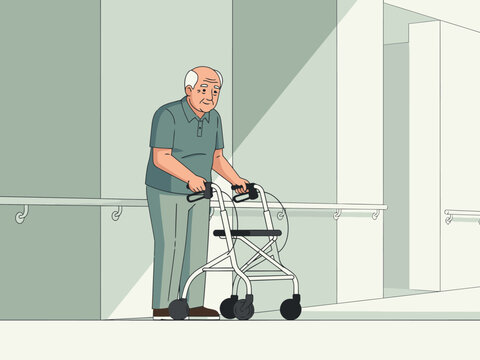 An elderly man confidently uses a walker in a hospital hallway.  Warm lighting highlights his determined posture.  A clear, professional image.