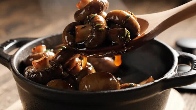 Close-up of saut?ed brown mushrooms with herbs, in a black pot with a wooden spoon against a wood background