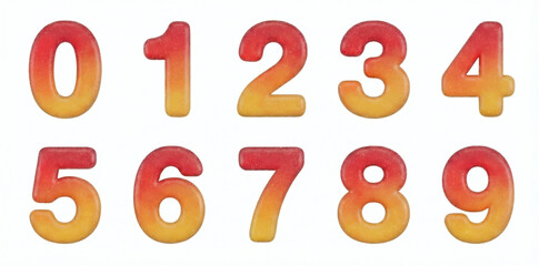 Sweet Red Candy Number Collection Coated with Sugar Texture Featuring Orange Gradient Digit Symbols for Confectionery Branding Design and Birthday Celebration Decoration or Food Typography