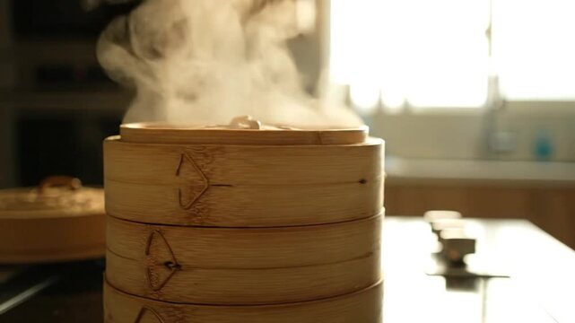 Steaming bamboo baskets with rising vapor in a bright kitchen setting.