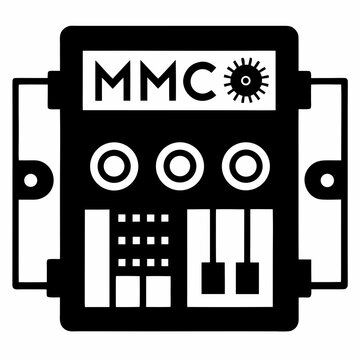 Title: Black and white line of a device with the label MMC and a sun symbol on motor
