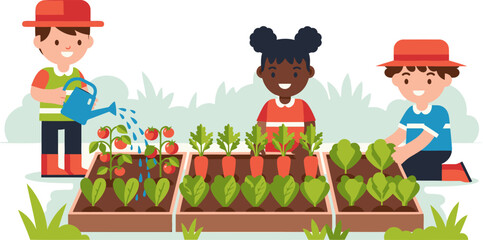 Three children happily garden together, watering plants and tending a vegetable patch. A bright, cheerful illustration perfect for educational or lifestyle content.