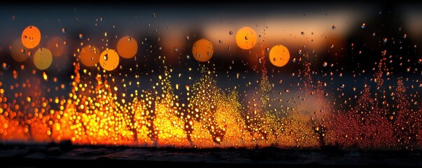 Raindrops on a window reflecting colorful city lights at sunset