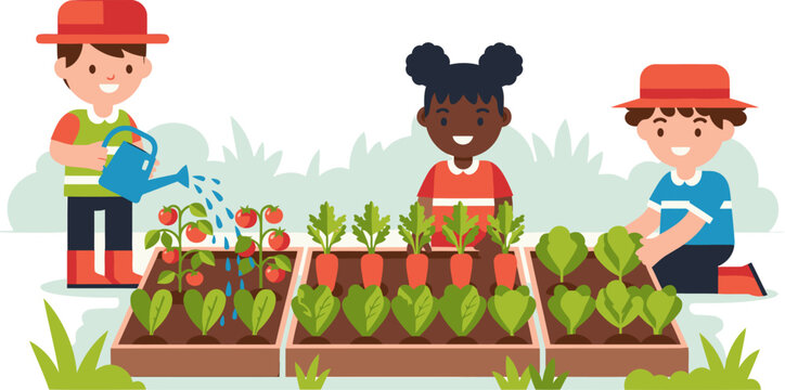 Three children happily garden together, watering plants and tending a vegetable patch. A bright, cheerful illustration perfect for educational or lifestyle content.