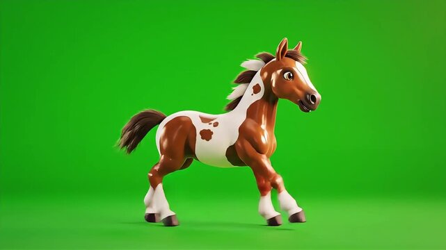 A cute animated cartoon horse with pinto brown and white markings gallops energetically against a vibrant green screen background, ideal for children's content, educational videos, and playful video.