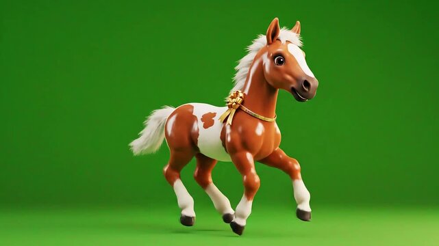 A cute animated cartoon horse with brown and white pinto markings, a fluffy white mane and tail, and a festive gold ribbon around its neck, standing on a gradient brown background.