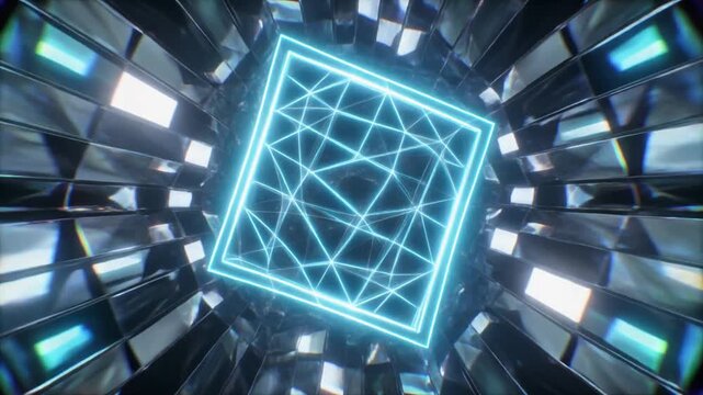 Glowing Tesseract in a Reflective Crystal Tunnel