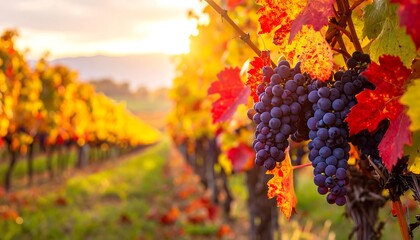 Ripe purple grapes hang heavy on vines amidst vibrant autumn foliage in a sun-drenched vineyard.
