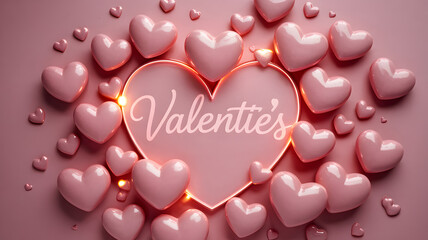Pink hearts with Valentines text in a glowing outline on a pink background