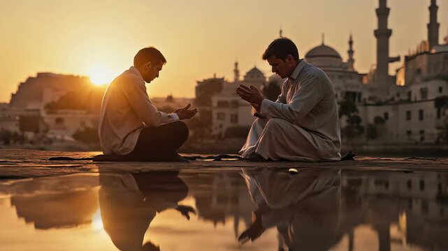 A spiritual sunset meditation: a tranquil scene of prayer and faith in Middle Eastern style. Divine light will illuminate the believer.