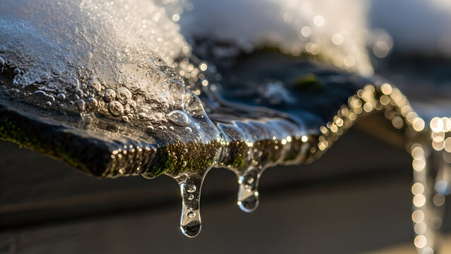 Close-up Melting Ice on the Roof