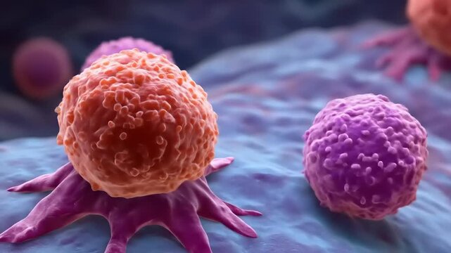 3D render of several cells with irregular surfaces and multi-colored, attached to tissue