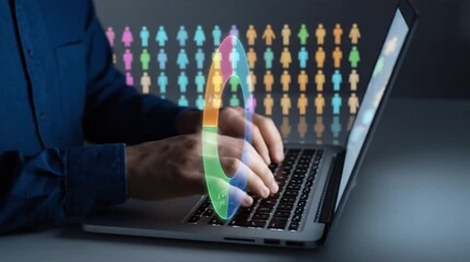 Professional managing digital network and data analytics on laptop with glowing ring visualization and diverse people icons - Powered by Adobe