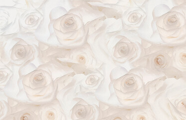 A classic floral wallpaper design featuring white and dusty pink roses with grey leaves set against a textured light grey background.