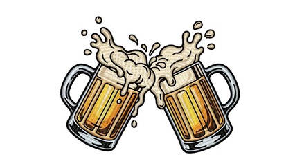 Detailed embroidery style illustration of two frothy beer mugs clinking with a splash of foam