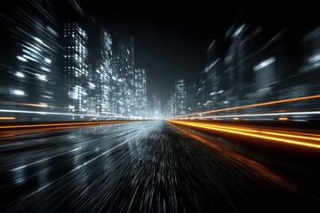 Dynamic futuristic city at night with speeding light trails and neon blue highlights