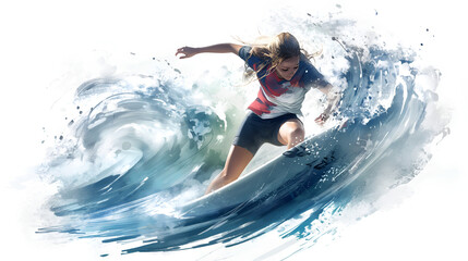 Athletic young woman carving intensely on a surfboard inside a massive blue ocean wave demonstrating extreme water sport skill and dynamic movement